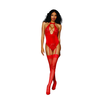 Damen Stretch-Spitzen- und Stretch-Velours-Garter-Teddy - Einheitsgröße - Rot
