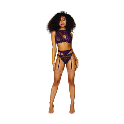 Damen Spitze und Netz 3-teilige Set - XL - Aubergine