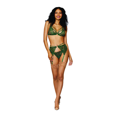 Damen Metallic Kordelspitze 3-teiliges Set - Einheitsgröße - Grün