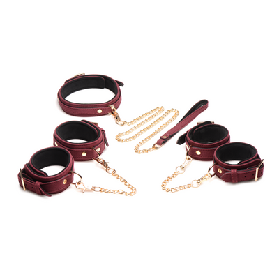 6-teilige Velvet Burgunder Bondage Set mit Cuffs, Collar und Belt