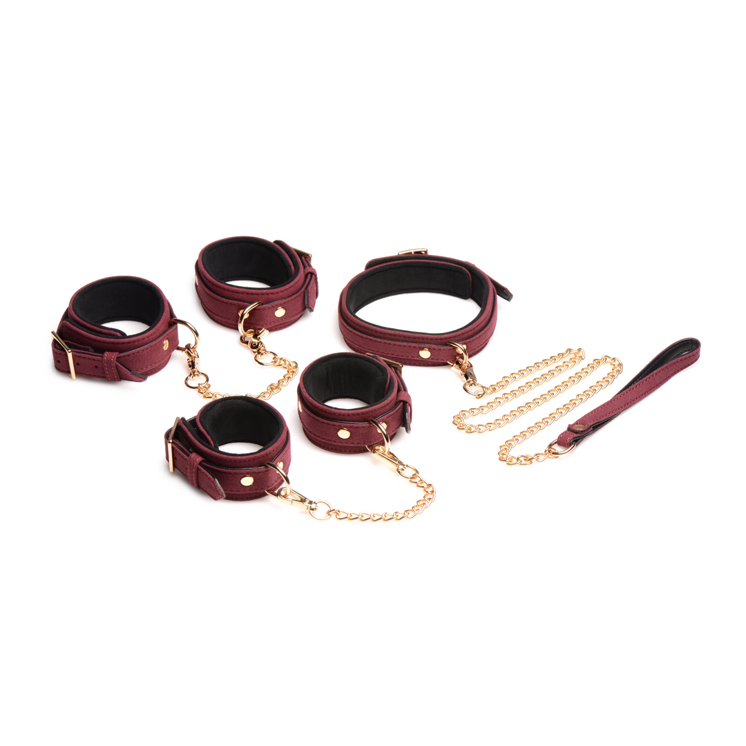 6-teilige Velvet Burgunder Bondage Set mit Cuffs, Collar und Belt