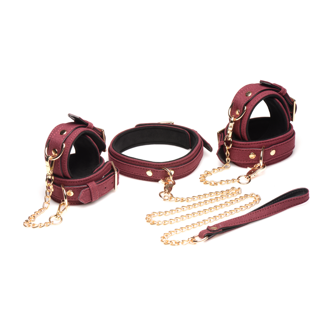 6-teilige Velvet Burgunder Bondage Set mit Cuffs, Collar und Belt
