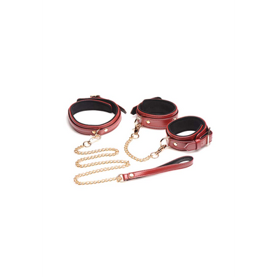 6-teilige burgunderfarbene Bondage Set mit Handschellen, Halsband und Gürtel