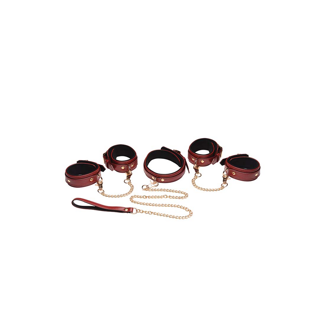 6-teilige burgunderfarbene Bondage Set mit Handschellen, Halsband und Gürtel