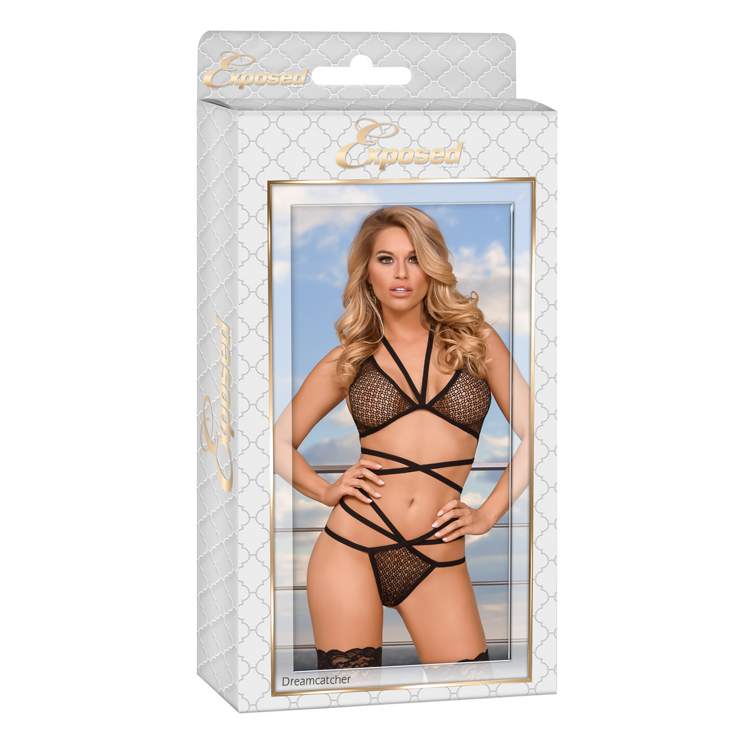 Strappy Bra Thong Set - Black