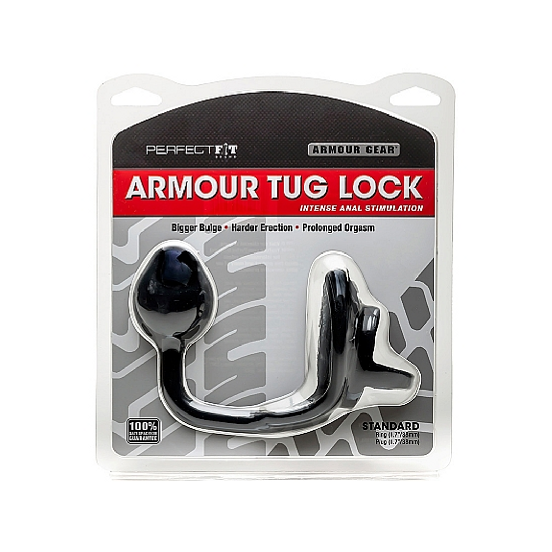 Rüstungs-Zugverschluss - Cockring mit Ballstrap und Analplug - Mittel