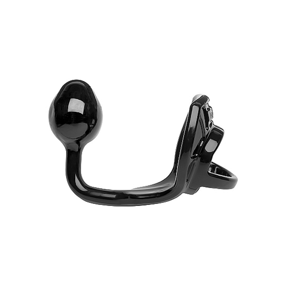 Rüstungs-Zugverschluss - Cockring mit Ballstrap und Analplug - Mittel