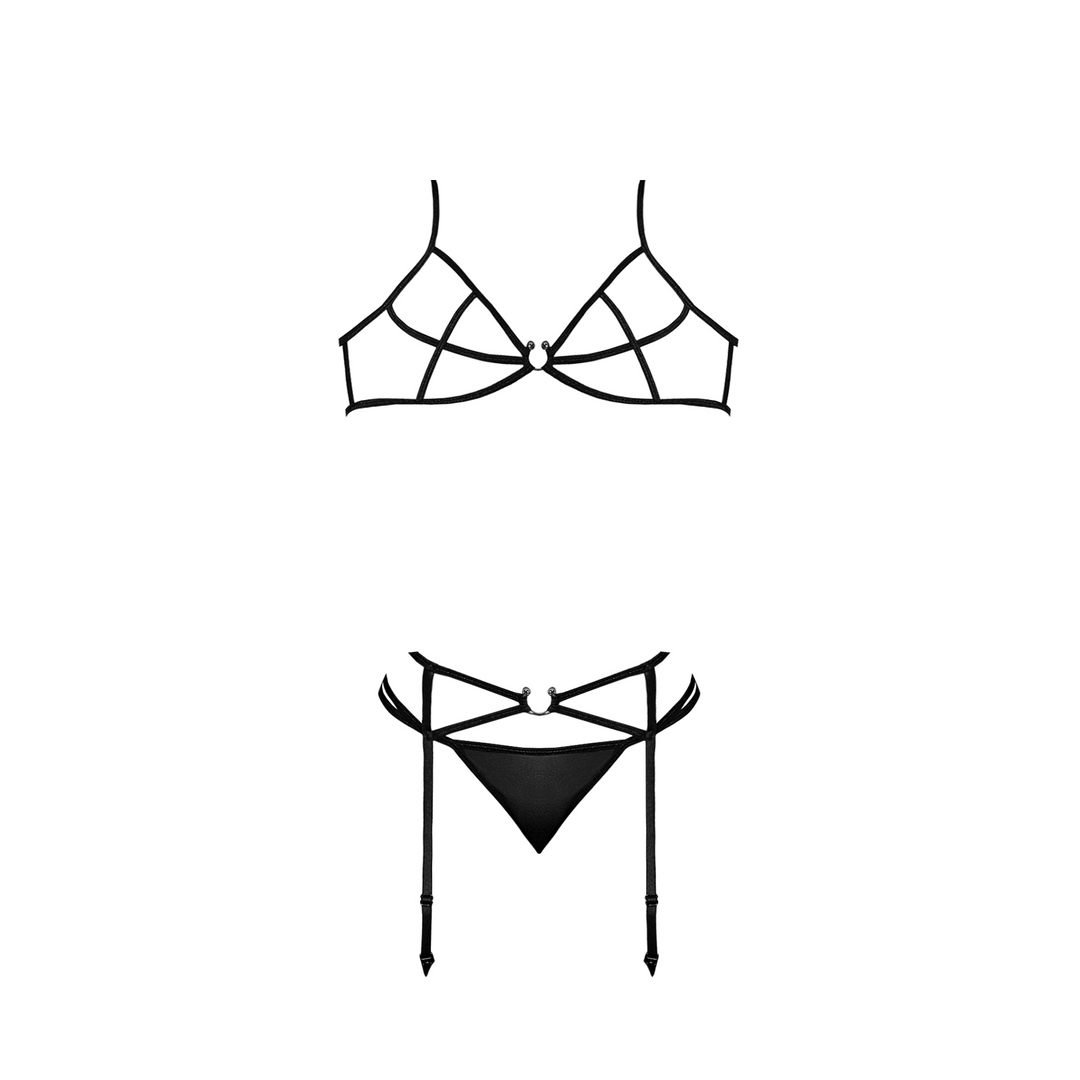 BH, Strumpfband und G-String Set mit Ringen und Riemen - S/M - Schwarz