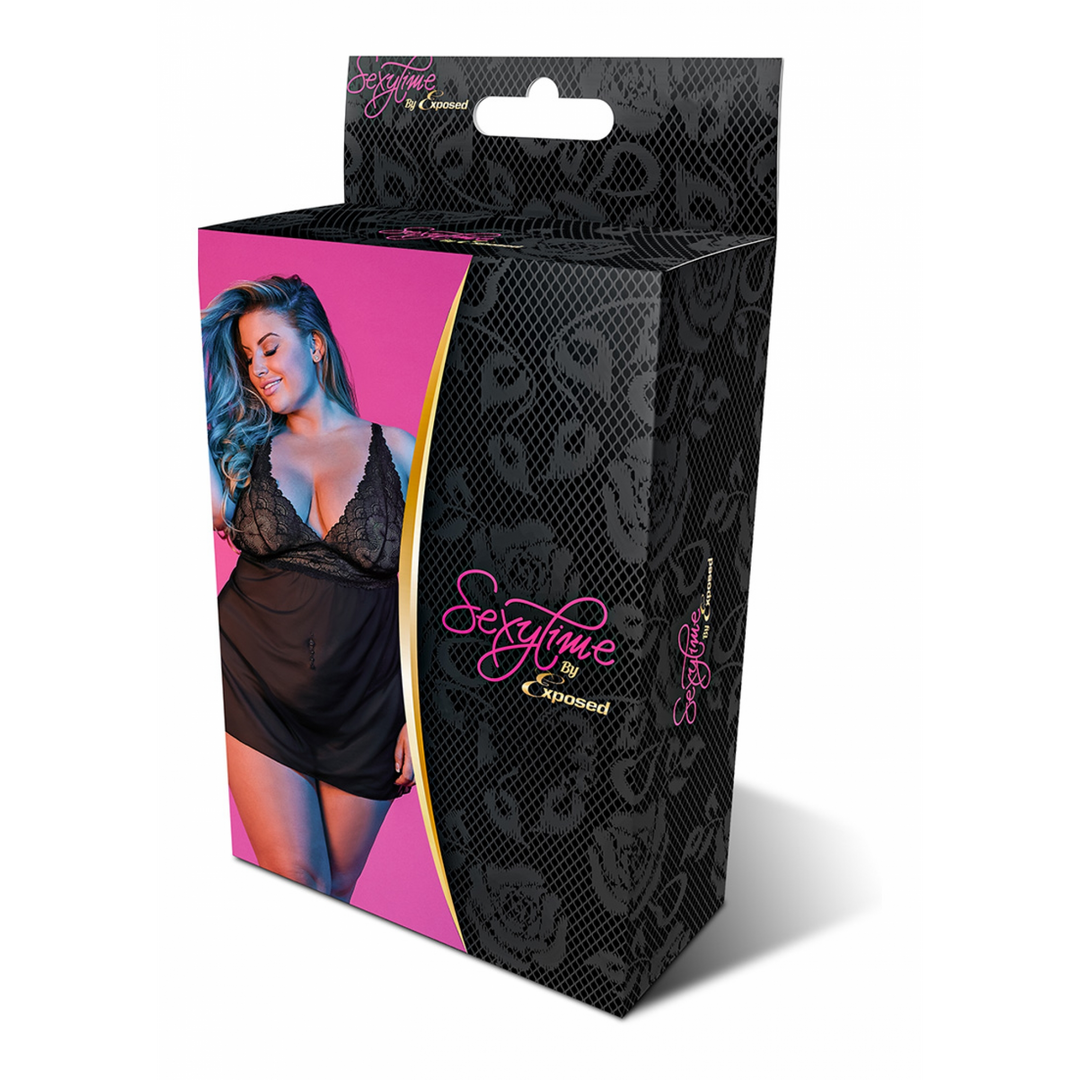 Babydoll mit offenem Rücken und G-String Set - 2X - Schwarz