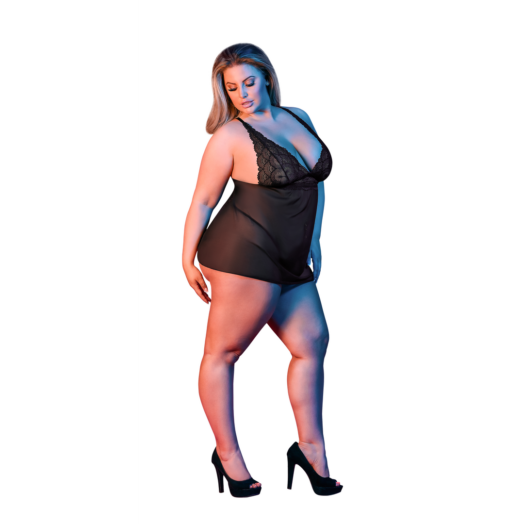 Babydoll mit offenem Rücken und G-String Set - 2X - Schwarz