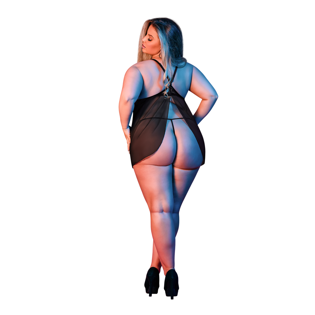 Babydoll mit offenem Rücken und G-String Set - 2X - Schwarz