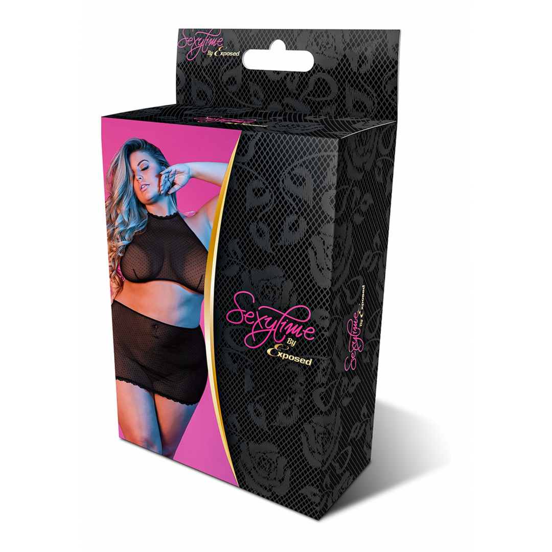Polka Dot Mesh Halter und Rock Set - 2X - Schwarz