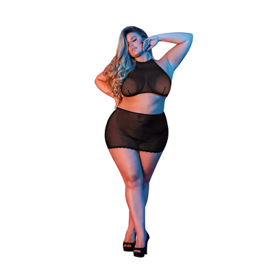 Polka Dot Mesh Halter und Rock Set - 2X - Schwarz