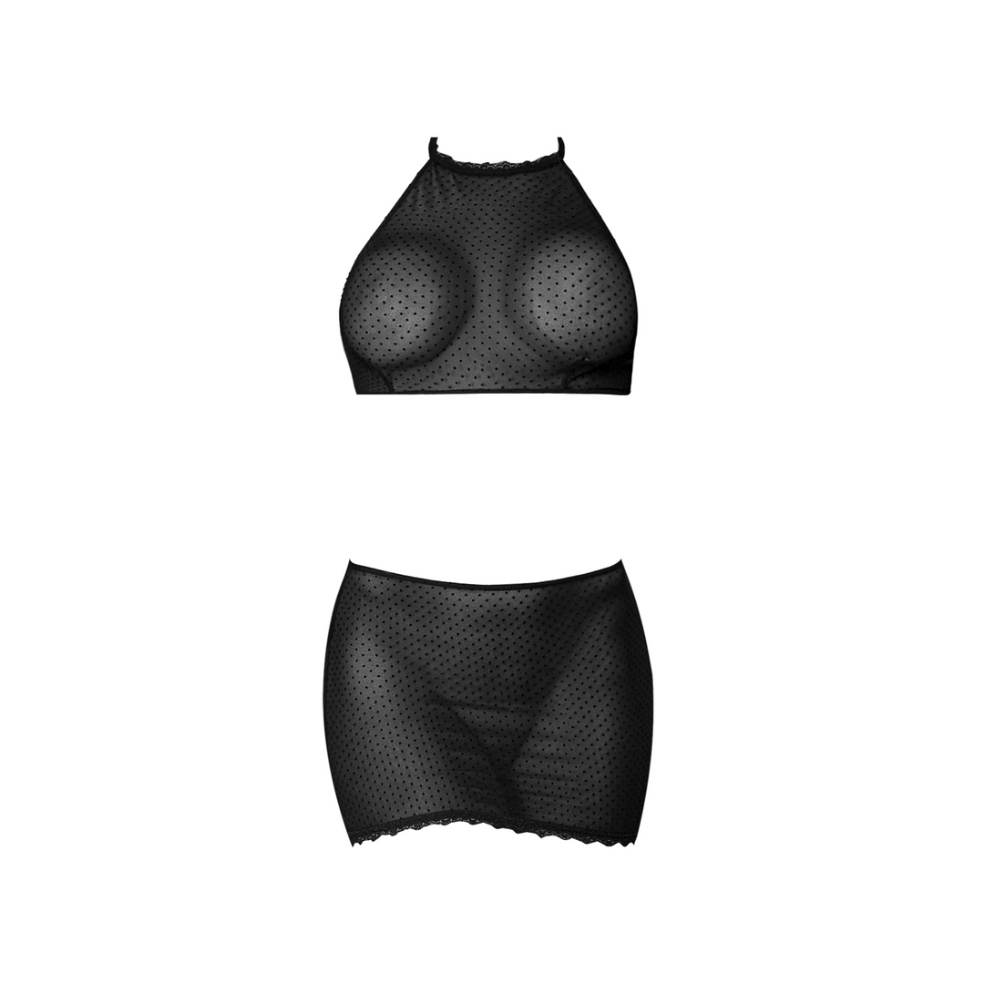 Polka Dot Mesh Halter und Rock Set - S/M - Schwarz
