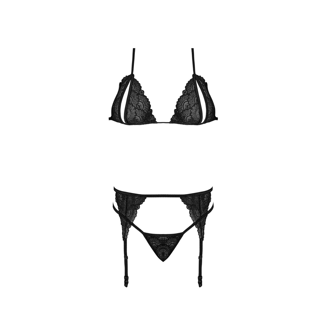 Peek-a-Boo-BH, Strumpfhalter und G-String-Set - L/XL - Schwarz