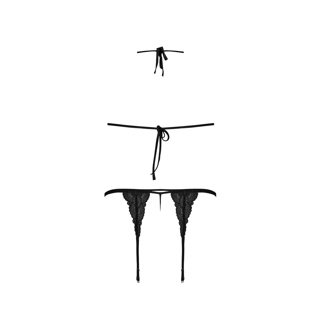 Peek-a-Boo-BH, Strumpfhalter und G-String-Set - L/XL - Schwarz