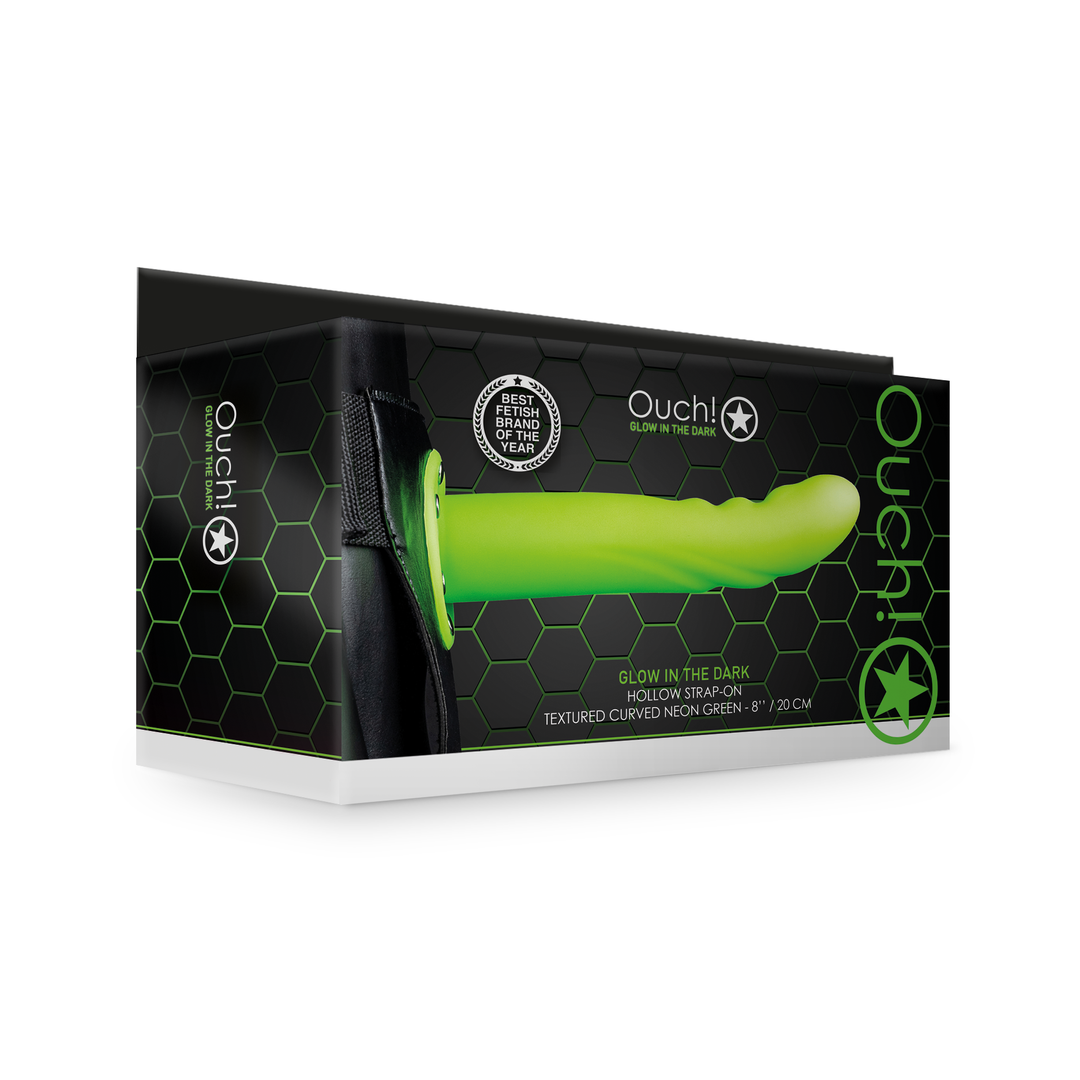 Leuchtender Texturierten Gebogenen Hohl Strap-On - 8 / 20 cm - Neon Grün