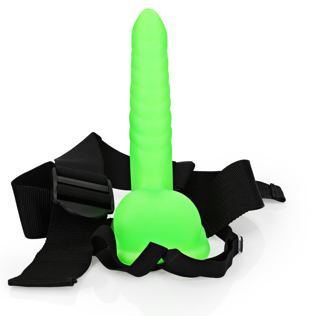 Leuchtende Ribbed Hollow Strap-On mit Bällen - 8 / 21 cm - Neon Grün