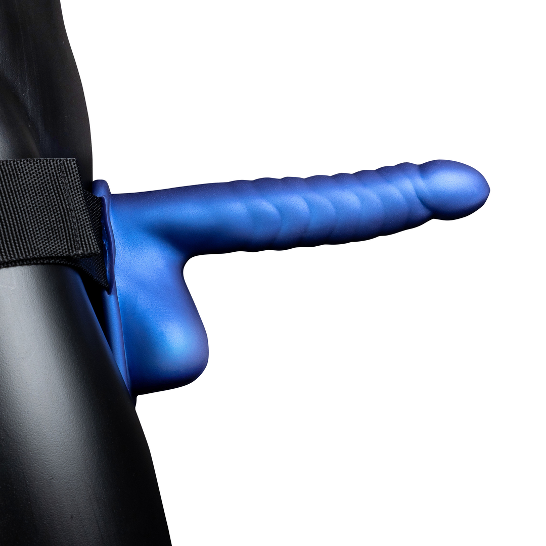 Rippelnder Hohl Strap-On mit Bällen - 8 / 21 cm - Metallic Blau