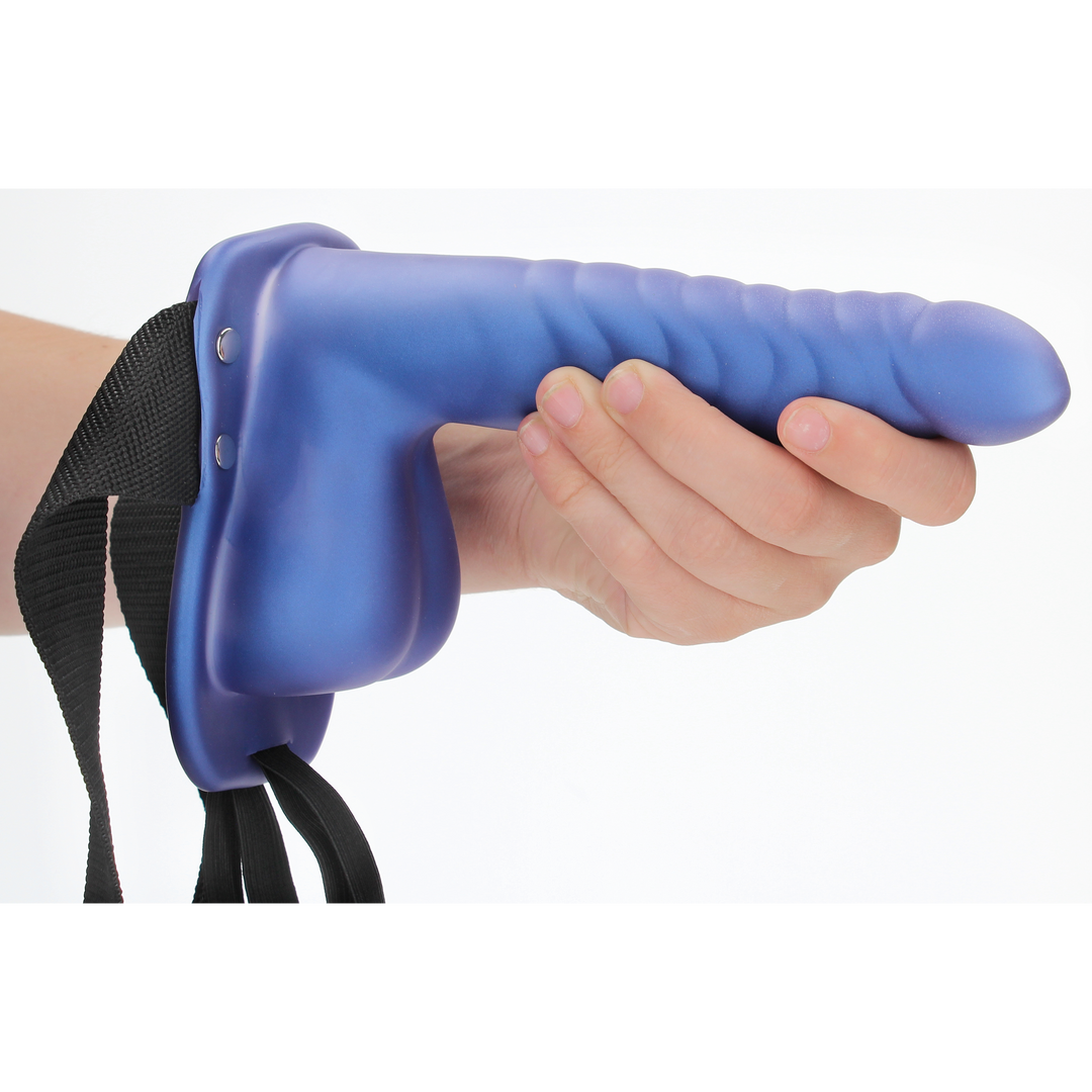 Rippelnder Hohl Strap-On mit Bällen - 8 / 21 cm - Metallic Blau