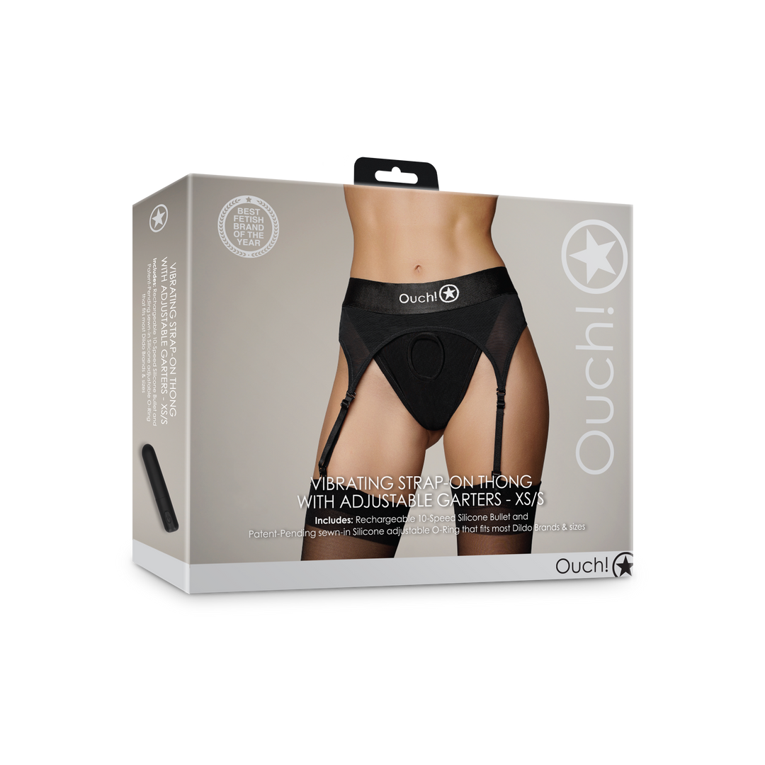 Vibrierender Strap-on Tanga mit verstellbaren Haltern - XS/S - Schwarz