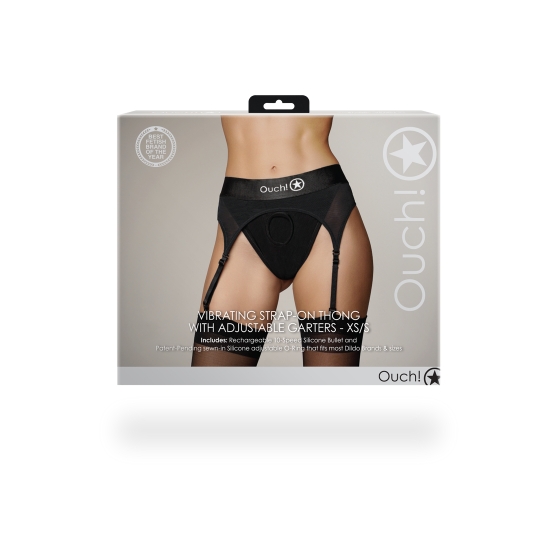 Vibrierender Strap-on Tanga mit verstellbaren Haltern - XS/S - Schwarz