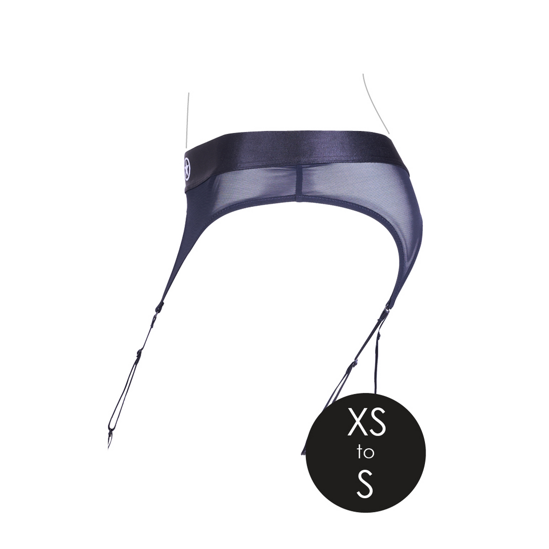 Vibrierender Strap-on Tanga mit verstellbaren Haltern - XS/S - Schwarz