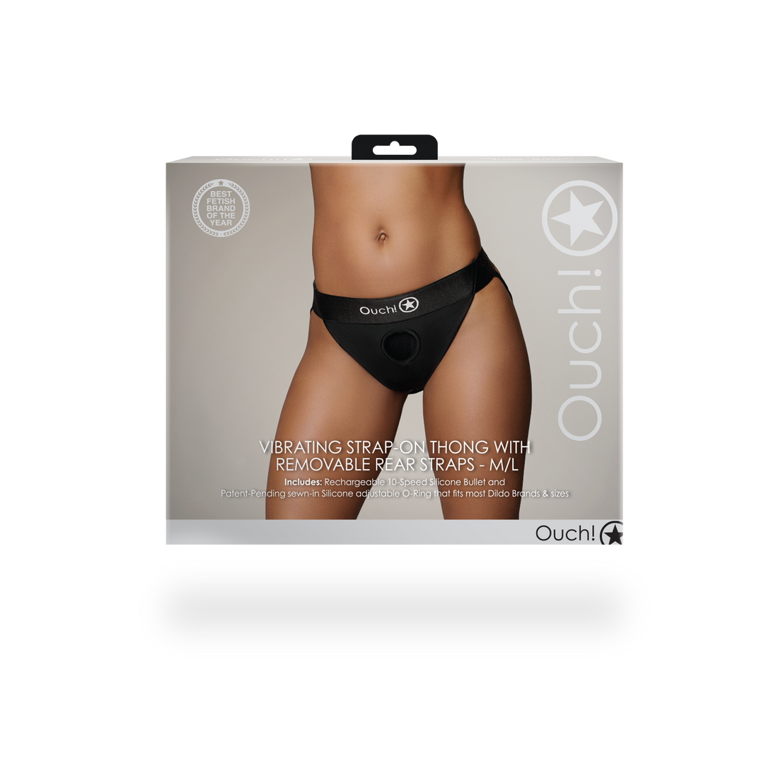 Vibrierender Strap-on-Tanga mit abnehmbaren Butt-Straps - M/L - Schwarz