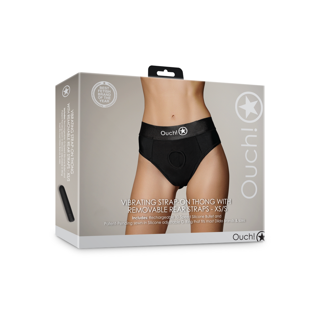 Vibrating Strap-on Thong mit abnehmbaren Butt Straps - XS/S - Schwarz