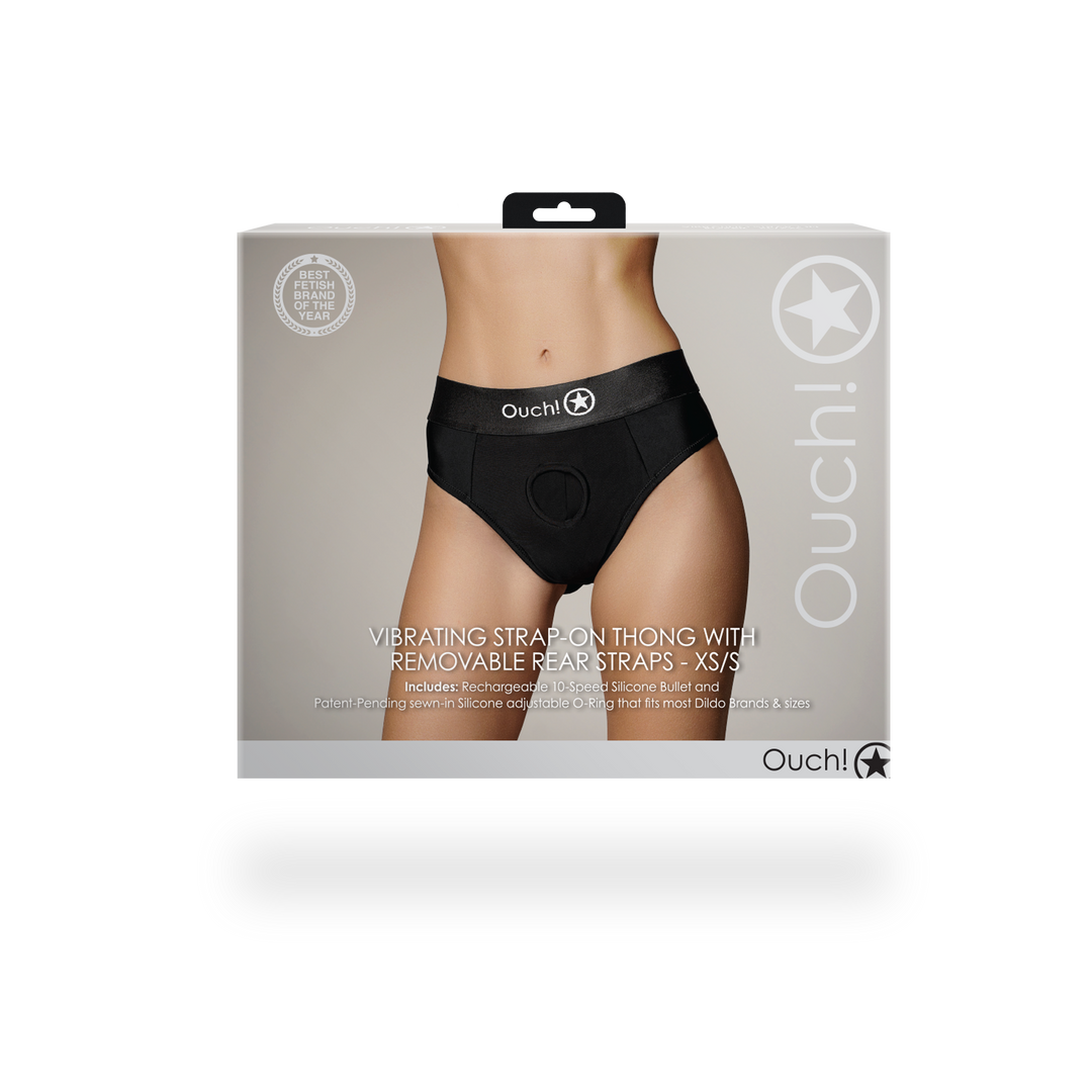 Vibrating Strap-on Thong mit abnehmbaren Butt Straps - XS/S - Schwarz