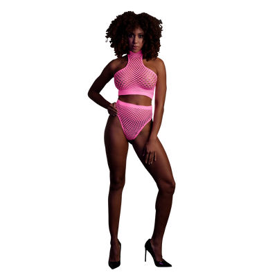Turtleneck und Hochbund-Rock - Einheitsgröße - Neonpink
