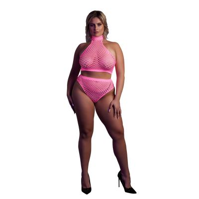Turtleneck und High Waist Slip - Plus Size - Neonpink