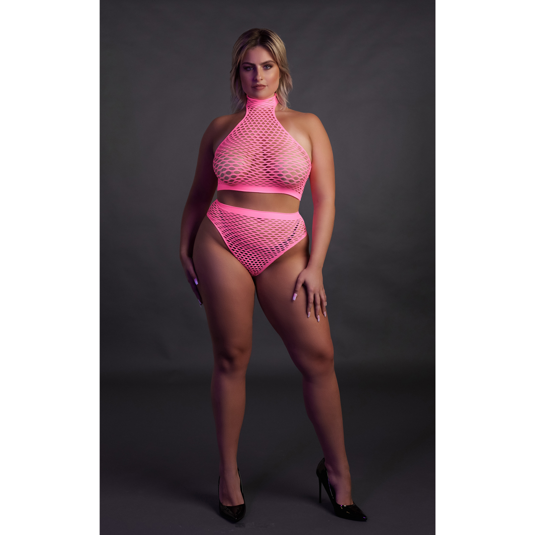 Turtleneck und High Waist Slip - Plus Size - Neonpink