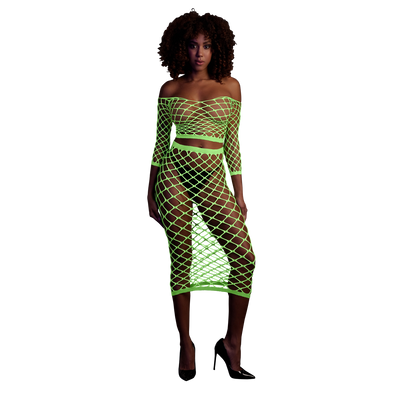 Langarm-Crop-Top und langer Rock - Einheitsgröße - Neon Grün