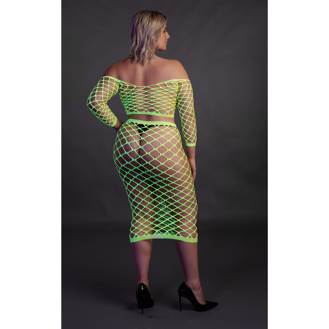 Langarm-Crop-Top und langer Rock - Übergröße - Neon Grün