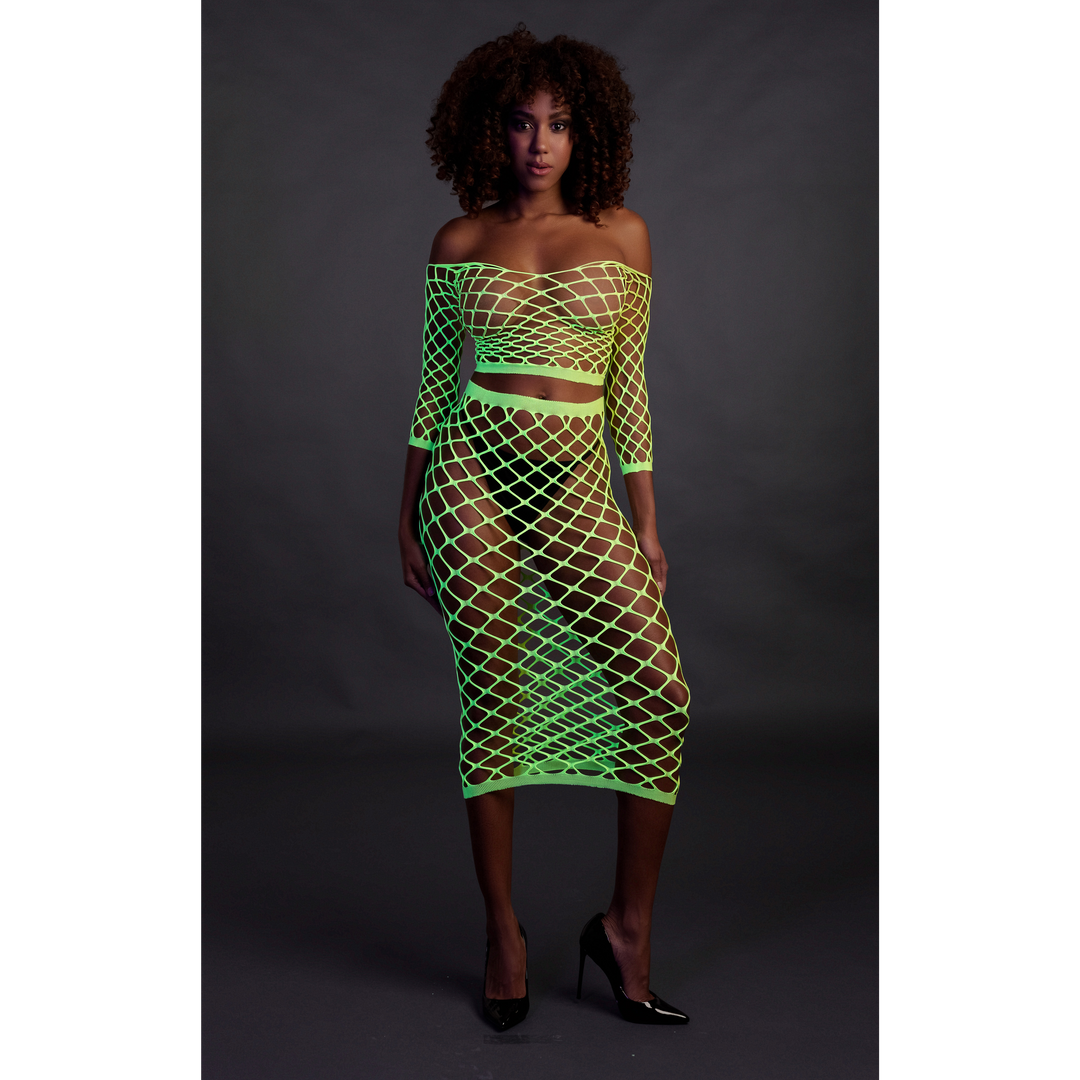 Langarm-Crop-Top und langer Rock - Einheitsgröße - Neon Grün