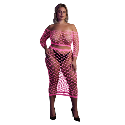 Langarm Crop Top und Lange Rock - Plus Size - Neon Pink