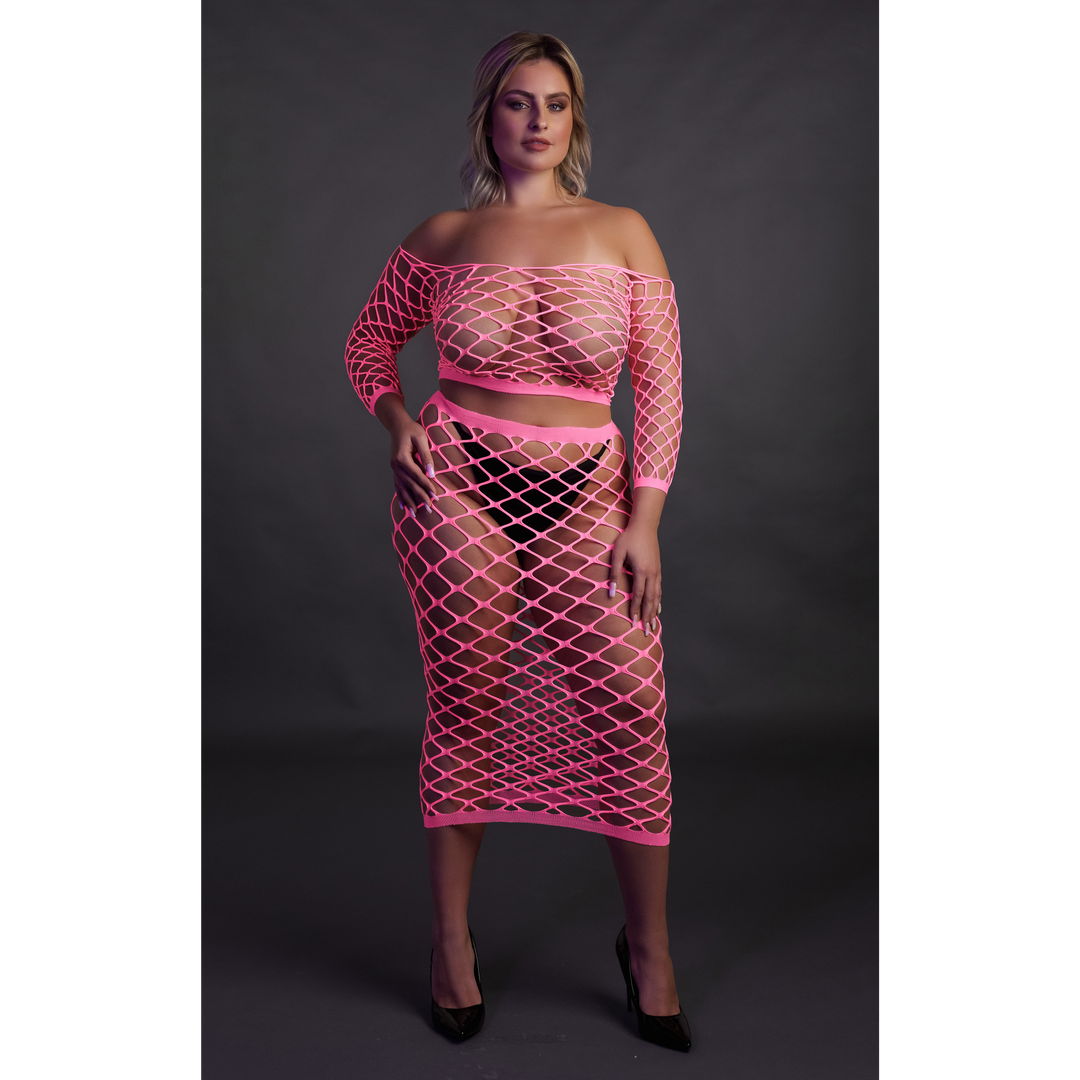 Langarm Crop Top und Lange Rock - Plus Size - Neon Pink