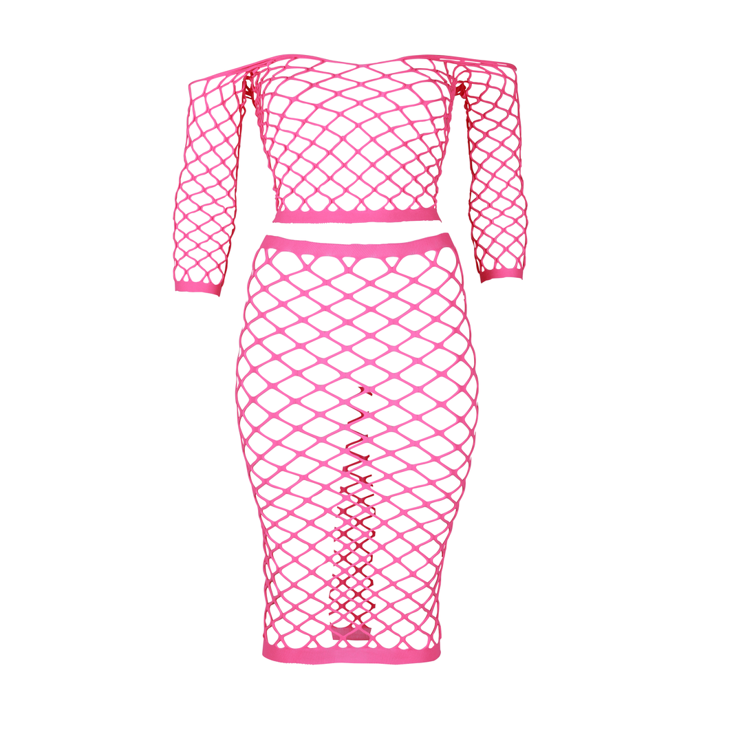 Langarm Crop Top und Lange Rock - Plus Size - Neon Pink