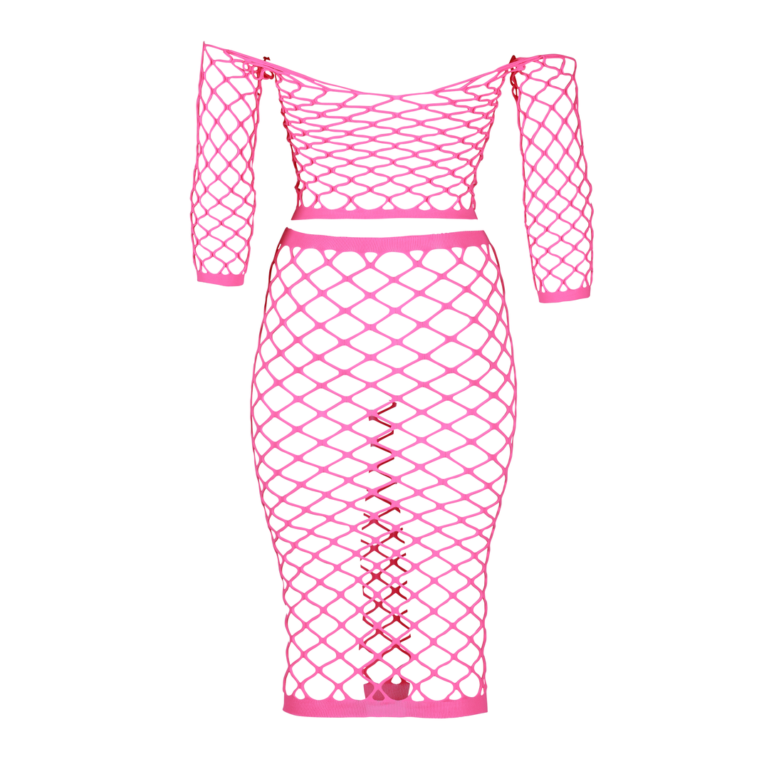 Langarm Crop Top und Lange Rock - Plus Size - Neon Pink