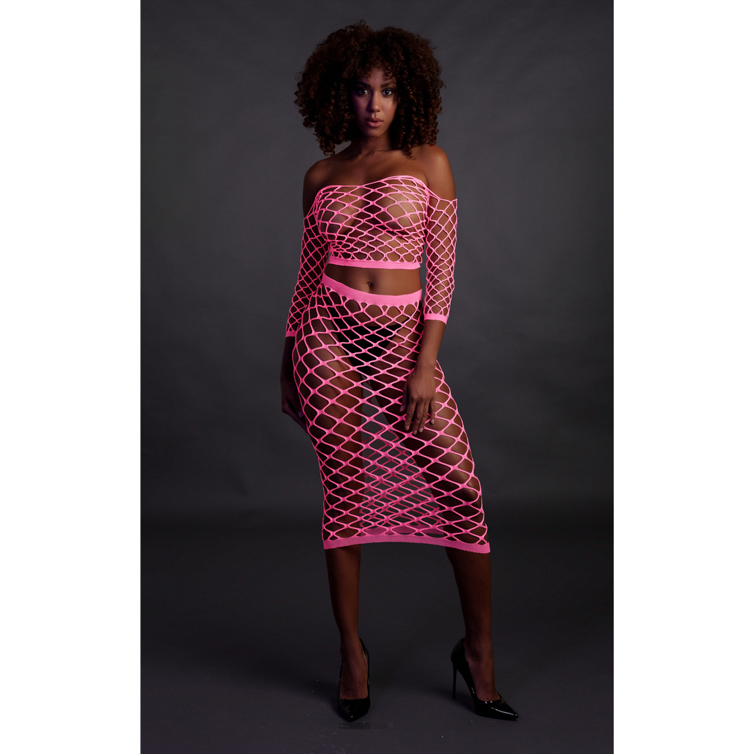 Langarm-Crop-Top und langer Rock - Einheitsgröße - Neonpink