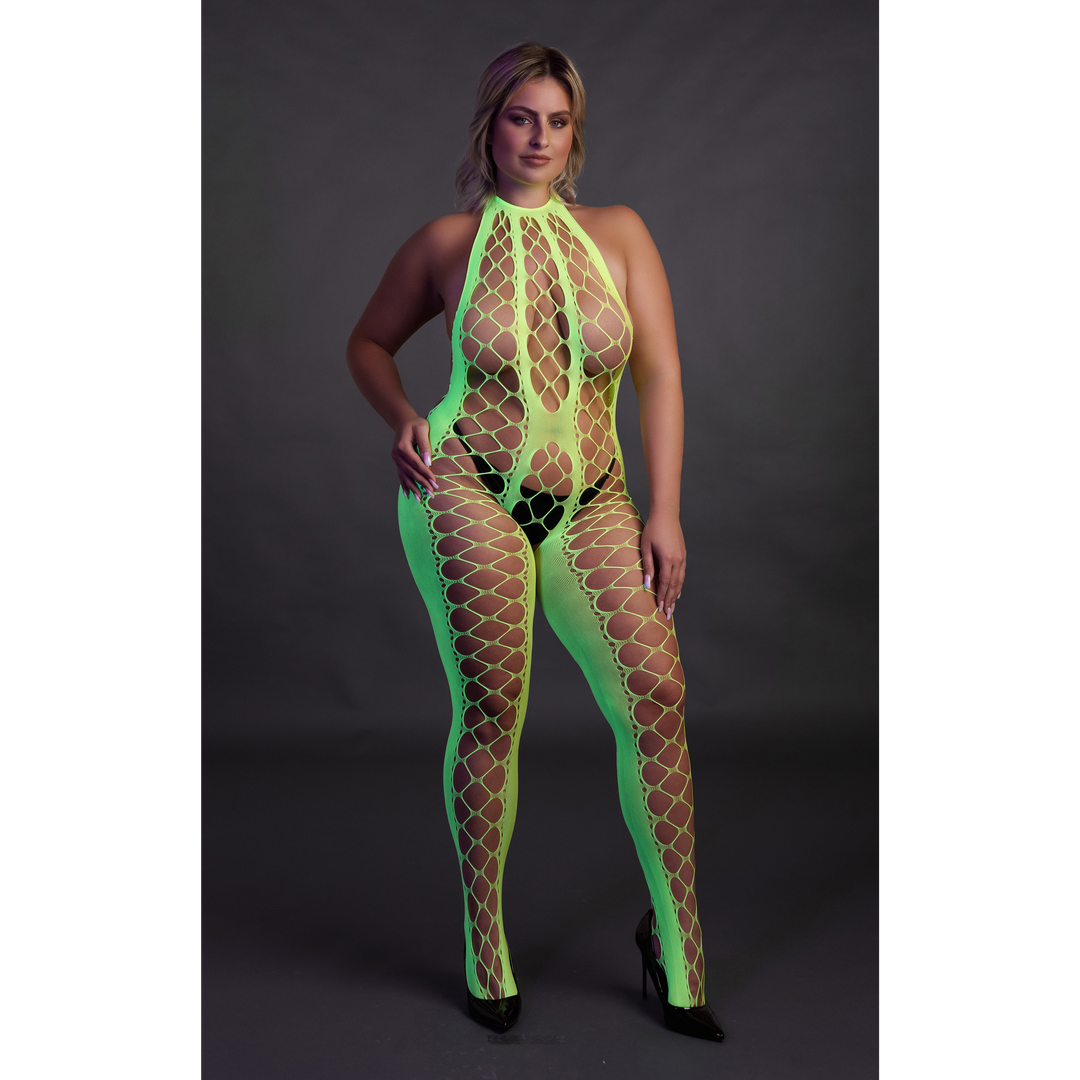 Bodystocking mit Halterneck - Plus Size - Neon Grün