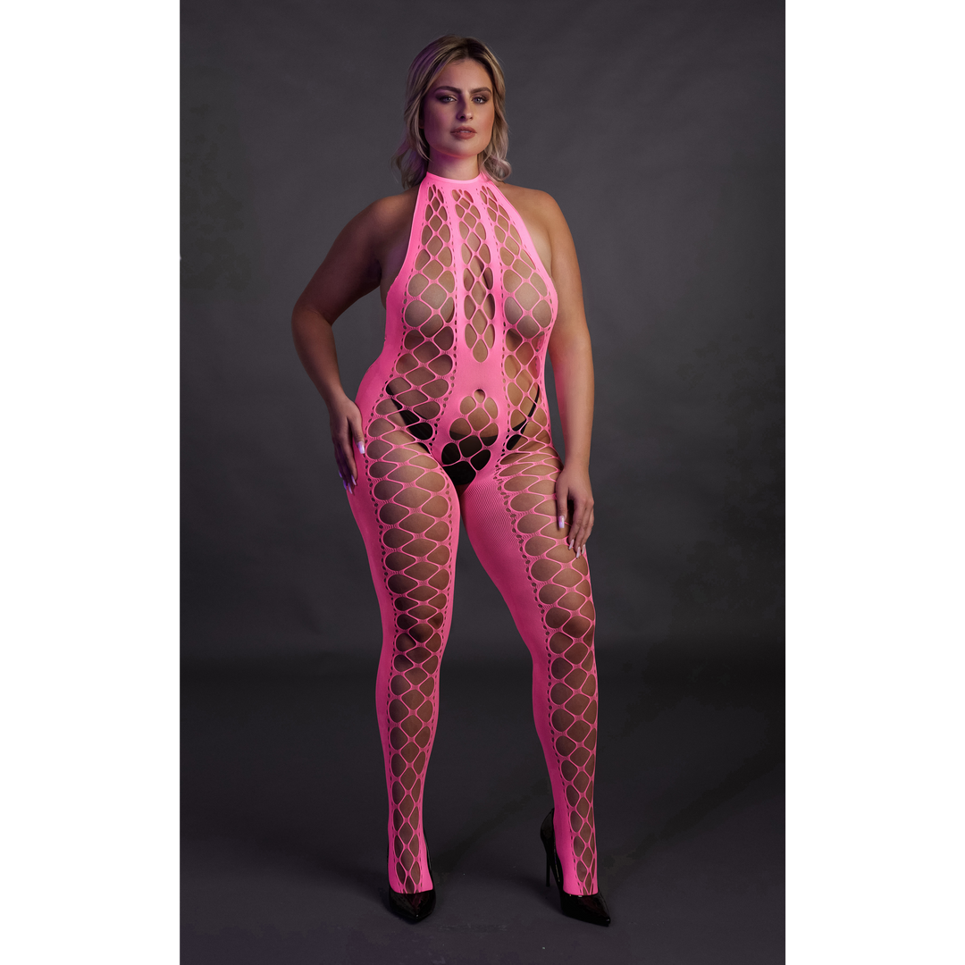 Bodystocking mit Halterneck - Plus Size - Neon Pink