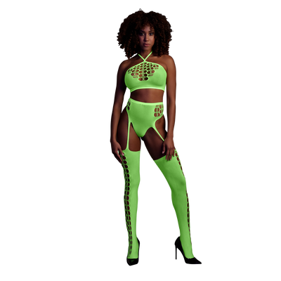 Zweiteilig mit Crop-Top und Strümpfen - Einheitsgröße - Neon-Grün