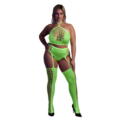 Zwei Teile mit Crop-Top und Strümpfen - Übergröße - Neon Grün