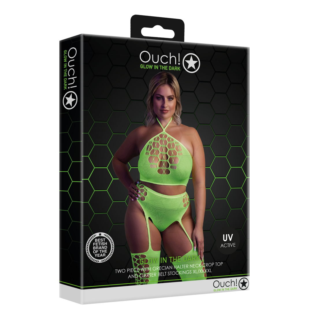 Zwei Teile mit Crop-Top und Strümpfen - Übergröße - Neon Grün