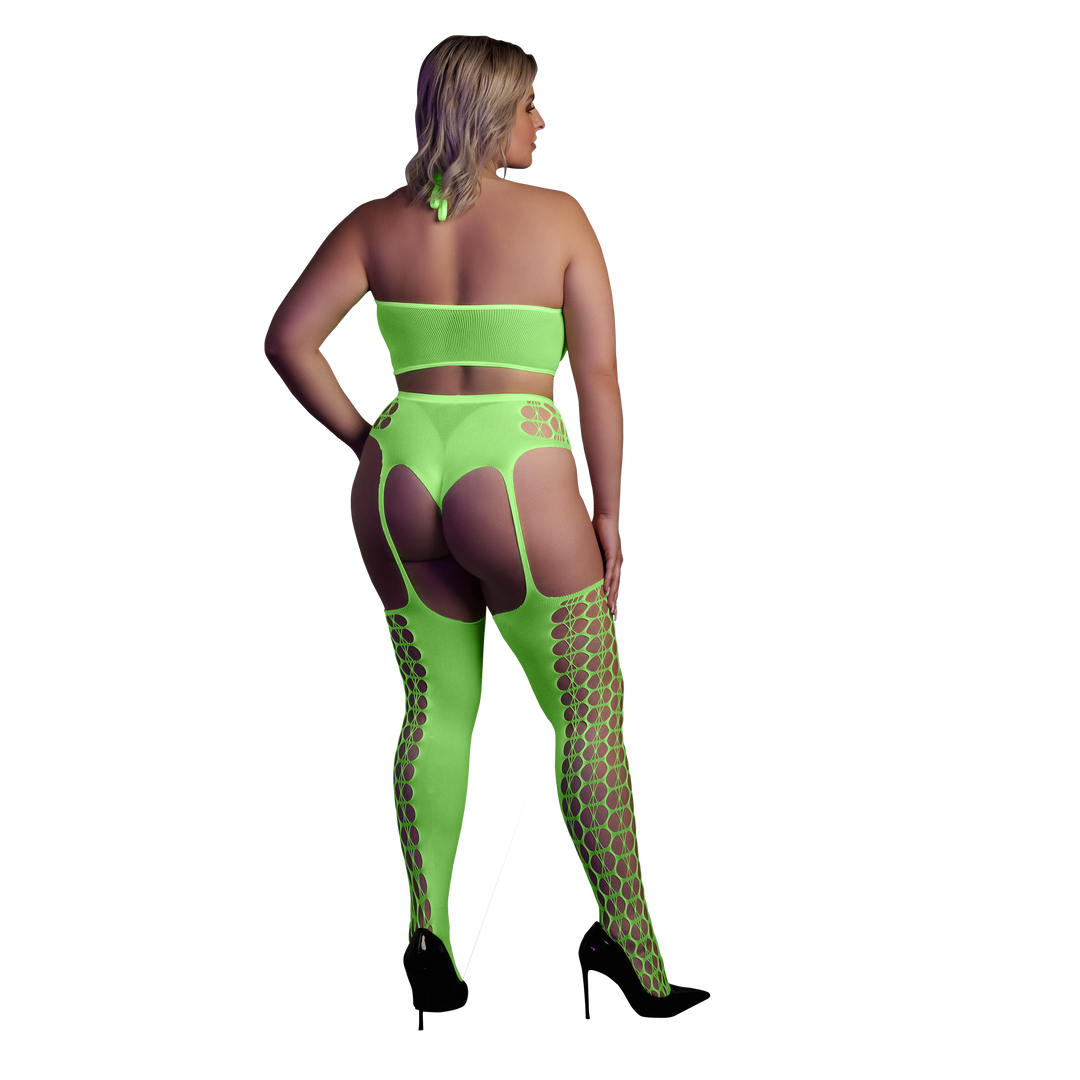 Zwei Teile mit Crop-Top und Strümpfen - Übergröße - Neon Grün