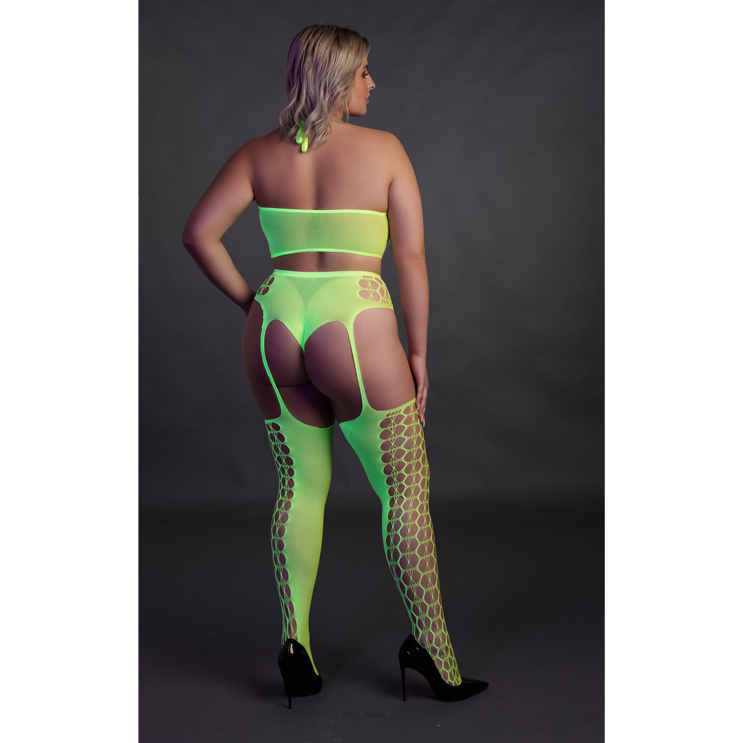 Zwei Teile mit Crop-Top und Strümpfen - Übergröße - Neon Grün