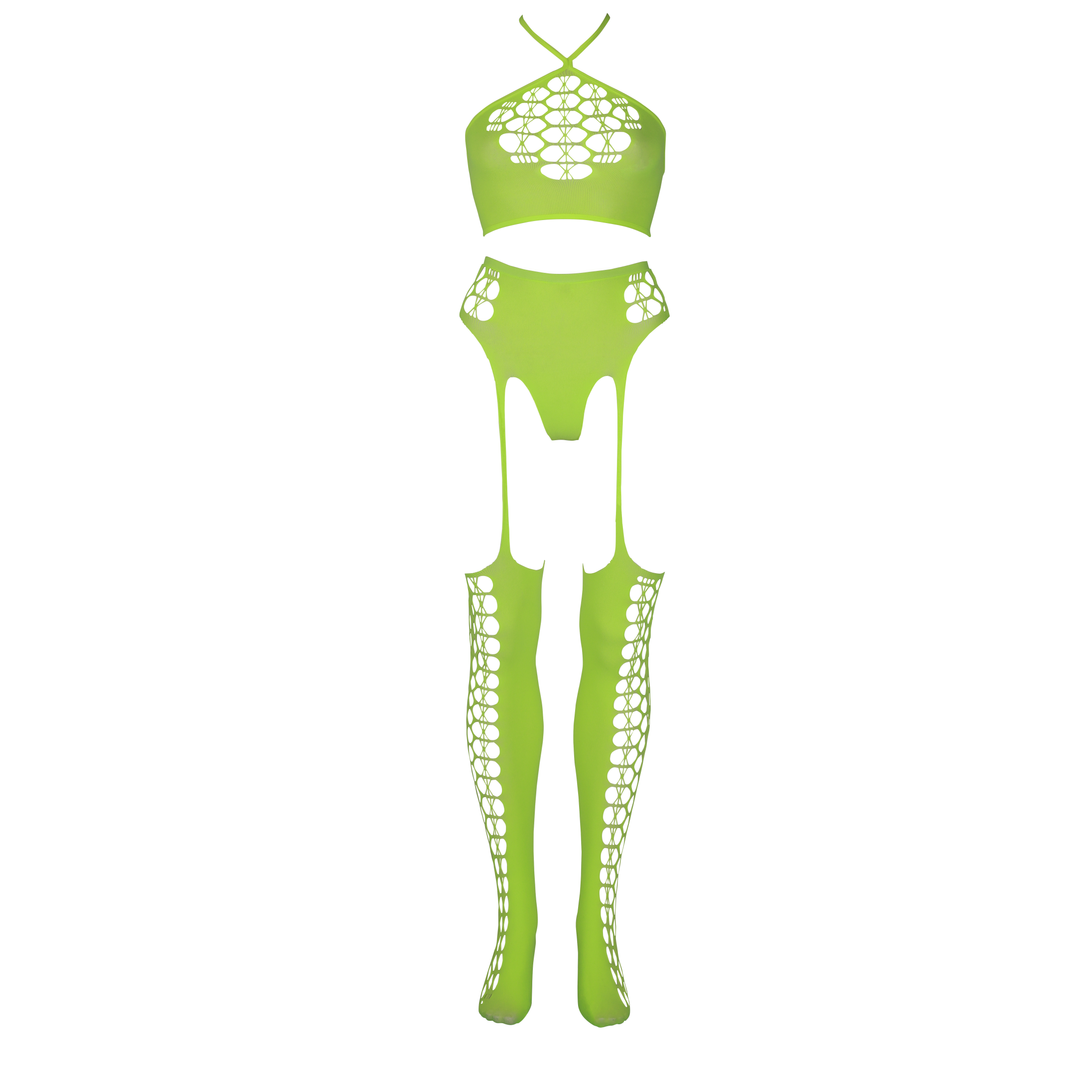 Zwei Teile mit Crop-Top und Strümpfen - Übergröße - Neon Grün