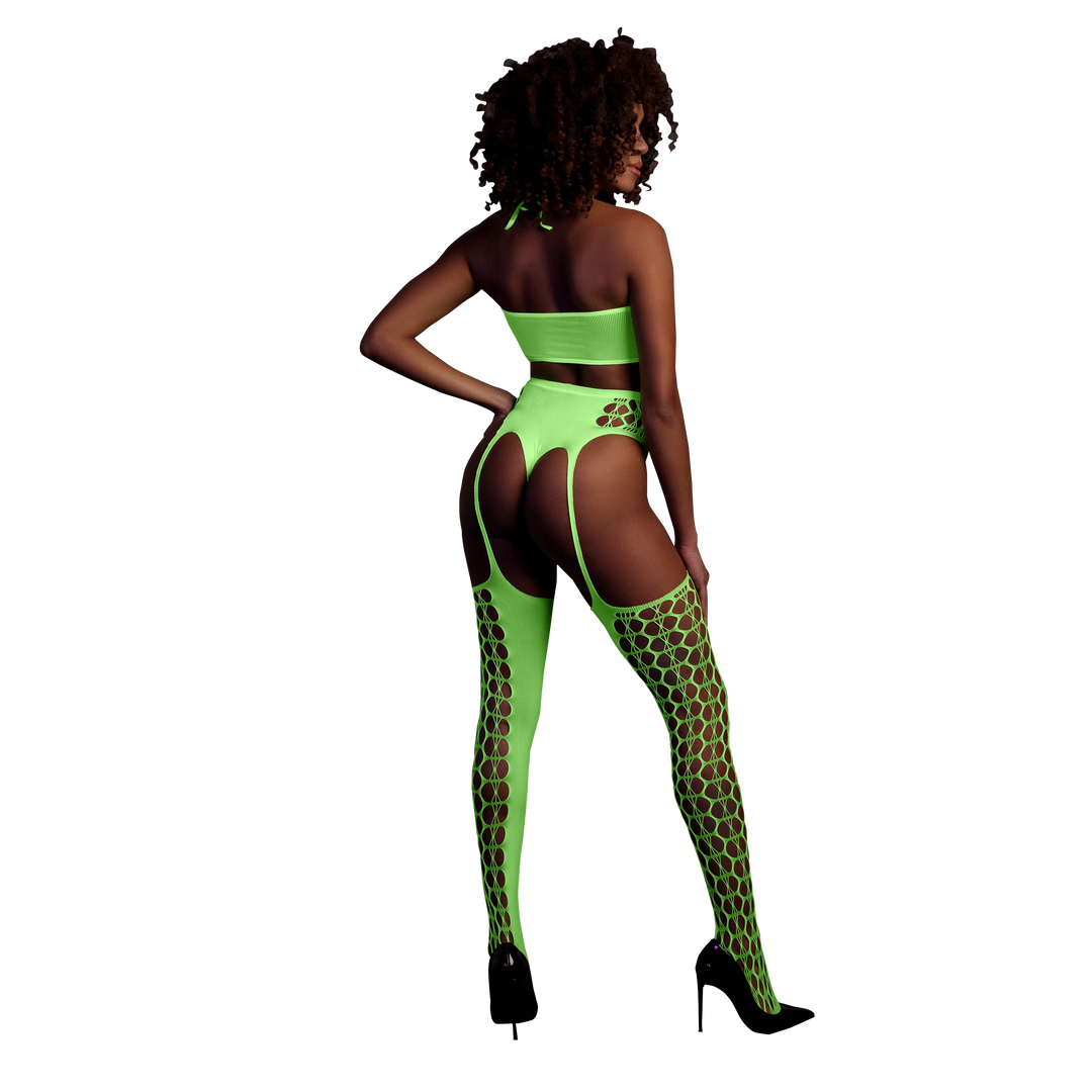 Zweiteilig mit Crop-Top und Strümpfen - Einheitsgröße - Neon-Grün
